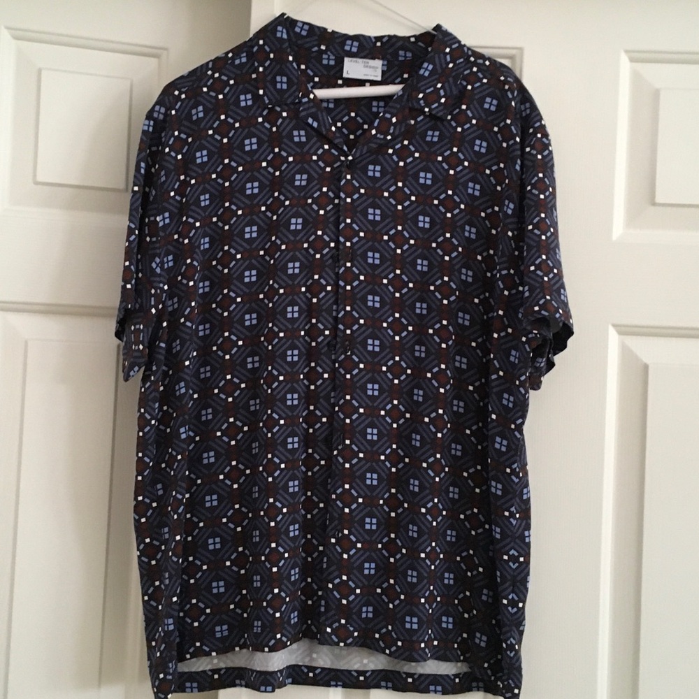 Casual Navy Geometric Short Sleeve Button-Down Shirt